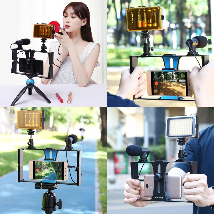 PULUZ 2 in 1 Vlogging Live Broadcast LED Selfie Light Smartphone Video Rig Kits with Cold Shoe Tripod Head for iPhone, Galaxy, Huawei, Xiaomi, HTC, LG, Google, and Other Smartphones(Blue) - Camera Cage by PULUZ | Online Shopping UK | buy2fix