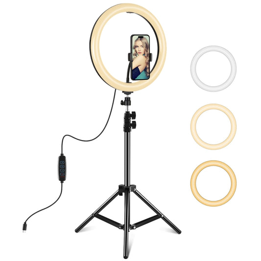 PULUZ 11.8 inch 30cm Light + 1.1m Tripod Mount Curved Surface Type-C 3 Modes Dimmable Dual Color Temperature LED Ring Vlogging Video Light  Live Broadcast Kits with Phone Clamp (Black) - Ring Light by PULUZ | Online Shopping UK | buy2fix