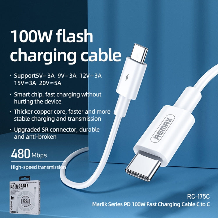 REMAX Marlik Series RC-175c PD 100W USB-C / Type-C to USB-C / Type-C Interface Fast Charging Data Cable, Cable Length: 1m (White) - USB-C & Type-C Cable by REMAX | Online Shopping UK | buy2fix