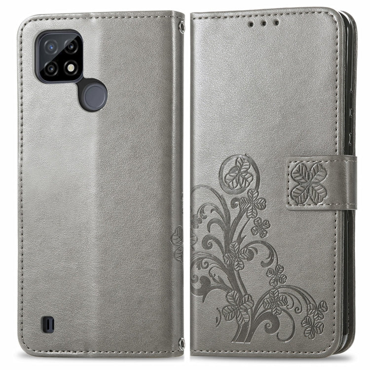 For OPPO Realme C21Y Four-leaf Clasp Embossed Leather Case with Lanyard & Card Slot & Wallet & Holder(Grey) - Realme Cases by buy2fix | Online Shopping UK | buy2fix