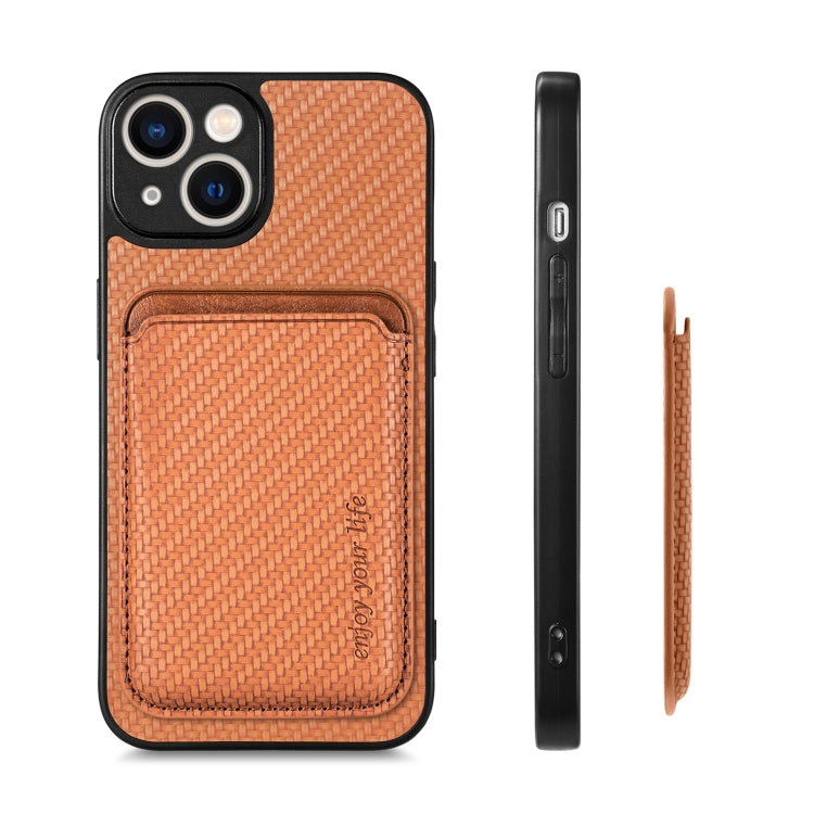 For iPhone 13 mini Carbon Fiber Leather Card Magsafe Magnetic Phone Case(Brown) - iPhone 13 mini Cases by buy2fix | Online Shopping UK | buy2fix