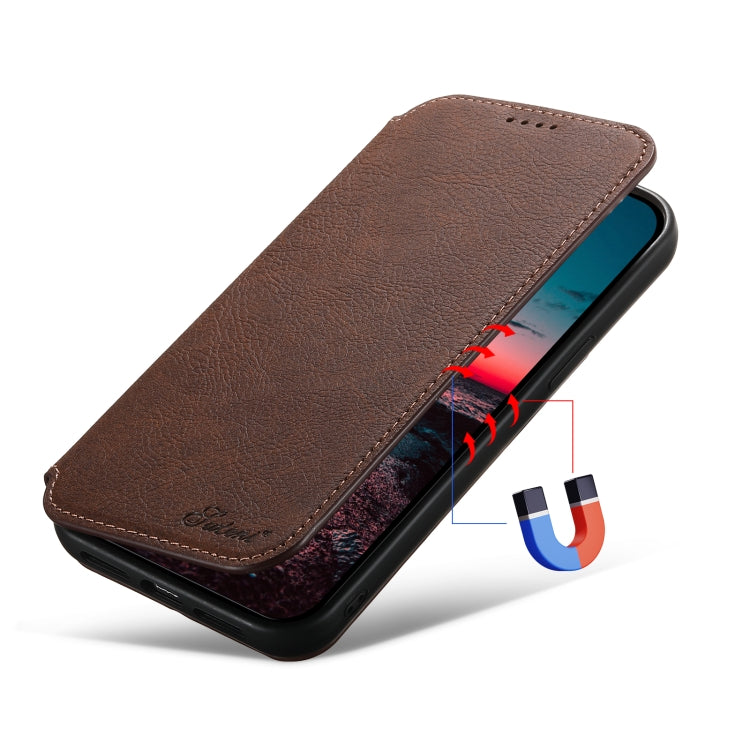 For iPhone 12 Pro Max Suteni J06 Retro Matte Litchi Texture Leather Magnetic Magsafe Phone Case(Brown) - iPhone 12 Pro Max Cases by Suteni | Online Shopping UK | buy2fix