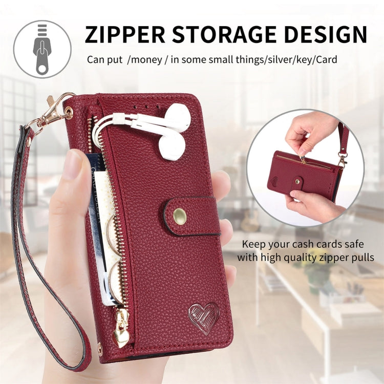 For iPhone 16 Love Zipper Lanyard Leather Phone Case(Red) - iPhone 16 Cases by buy2fix | Online Shopping UK | buy2fix