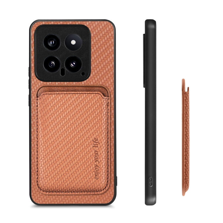 For Xiaomi 14 Carbon Fiber Leather Card Magnetic Phone Case(Brown) - 14 Cases by buy2fix | Online Shopping UK | buy2fix