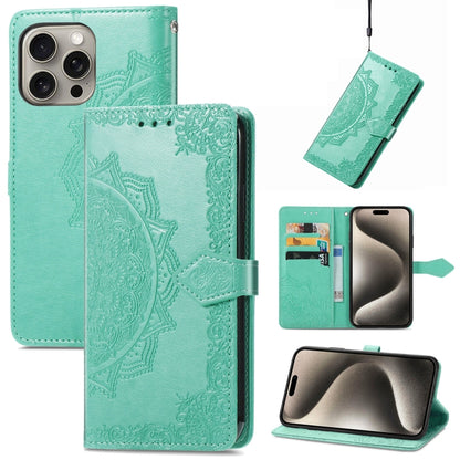 For iPhone 16 Pro Max Mandala Flower Embossed Leather Phone Case(Green) - iPhone 16 Pro Max Cases by buy2fix | Online Shopping UK | buy2fix