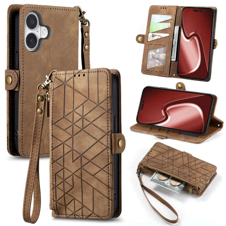 For iPhone 16 Geometric Zipper Wallet Side Buckle Leather Phone Case(Brown) - iPhone 16 Cases by buy2fix | Online Shopping UK | buy2fix