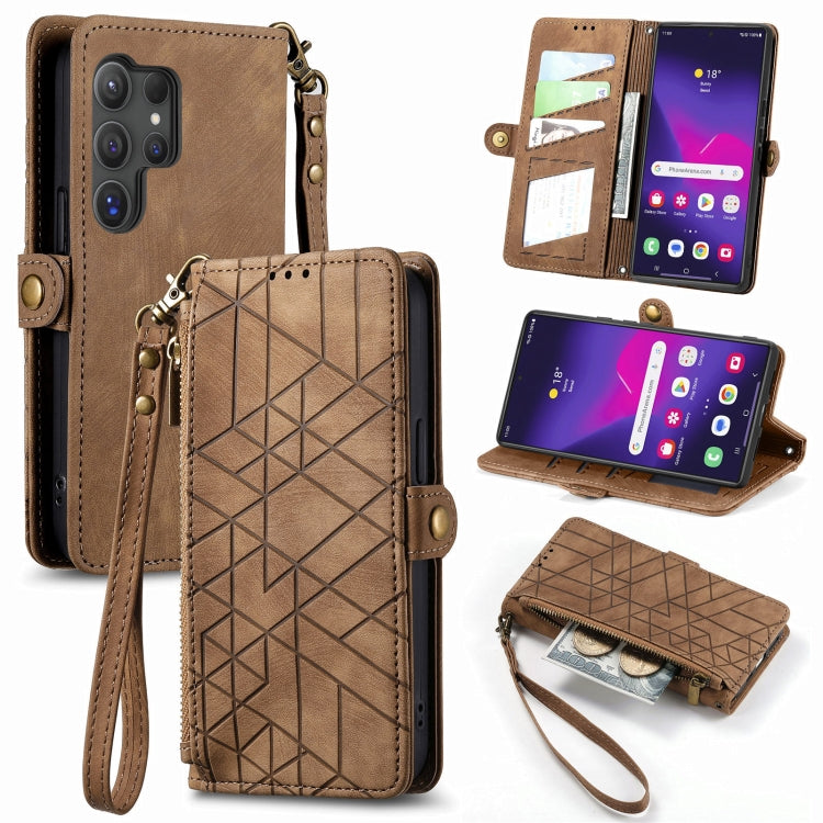 For Samsung Galaxy S25 Ultra 5G Geometric Zipper Wallet Side Buckle Leather Phone Case(Brown) - Galaxy S25 Ultra 5G Cases by buy2fix | Online Shopping UK | buy2fix