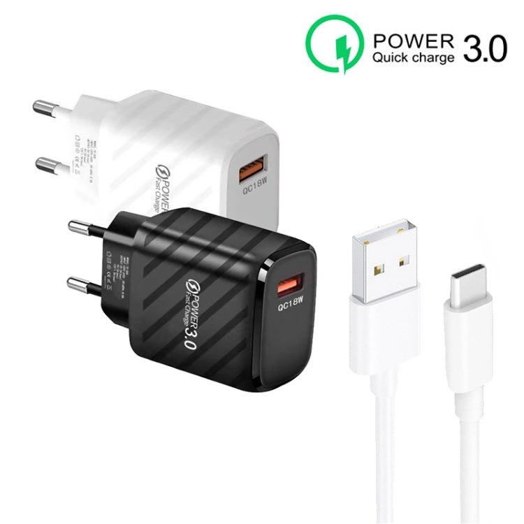 TE-005 QC3.0 18W USB Fast Charger with 1m 3A USB to Type-C Cable, EU Plug(Black) - USB Charger by buy2fix | Online Shopping UK | buy2fix