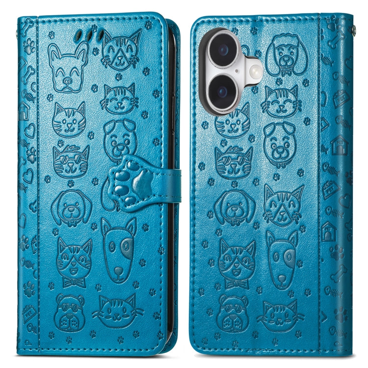 For iPhone 16 Cat and Dog Embossed Leather Phone Case(Blue) - iPhone 16 Cases by buy2fix | Online Shopping UK | buy2fix