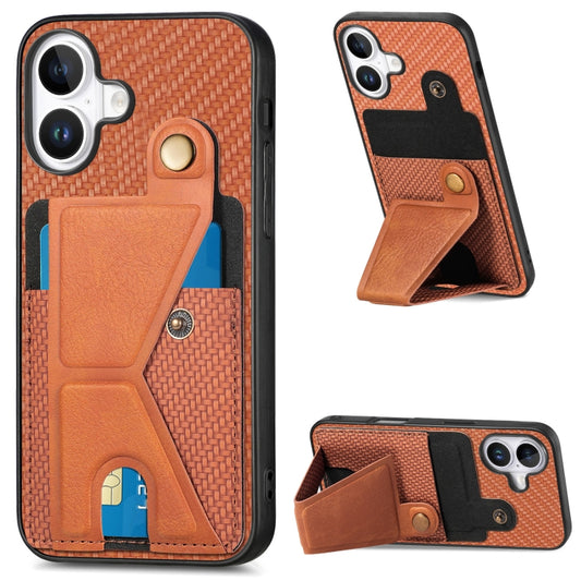 For iPhone 16 Carbon Fiber Wallet Flip Card K-shaped Holder Phone Case(Brown) - iPhone 16 Cases by buy2fix | Online Shopping UK | buy2fix