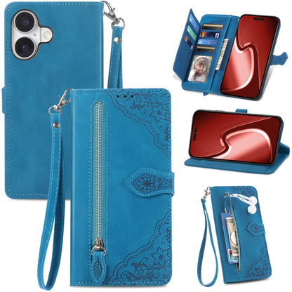 For iPhone 16 Embossed Flower Zipper Leather Phone Case(Blue) - iPhone 16 Cases by buy2fix | Online Shopping UK | buy2fix