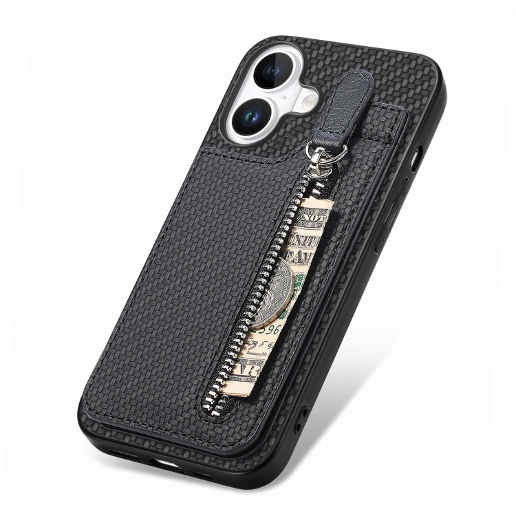 For iPhone 16 Carbon Fiber Vertical Flip Zipper Phone Case(Black) - iPhone 16 Cases by buy2fix | Online Shopping UK | buy2fix