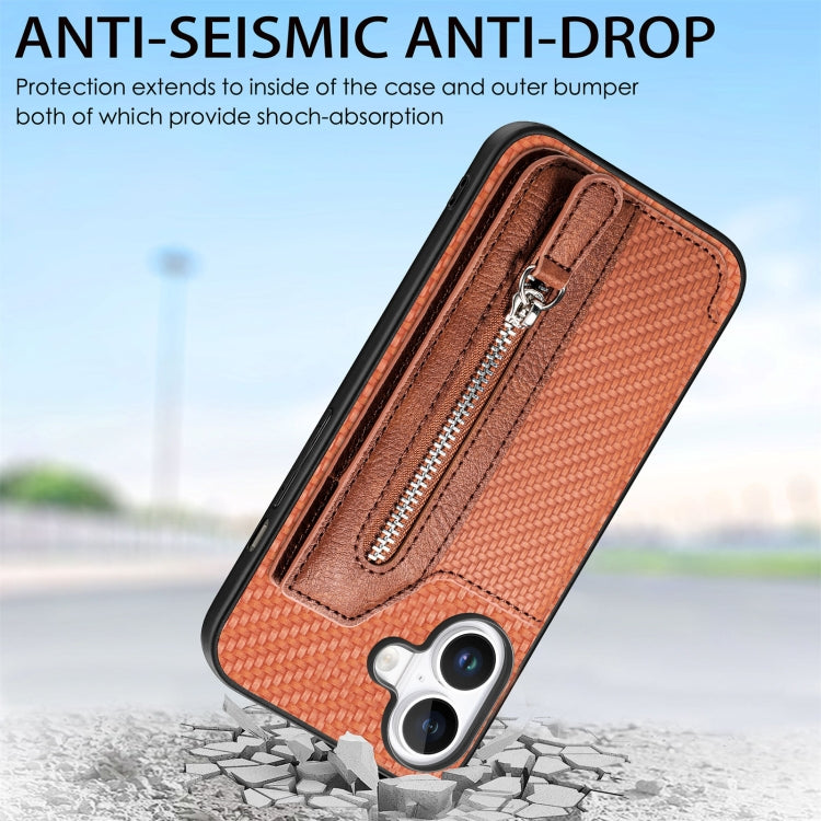 For iPhone 16 Carbon Fiber Horizontal Flip Zipper Wallet Phone Case(Brown) - iPhone 16 Cases by buy2fix | Online Shopping UK | buy2fix