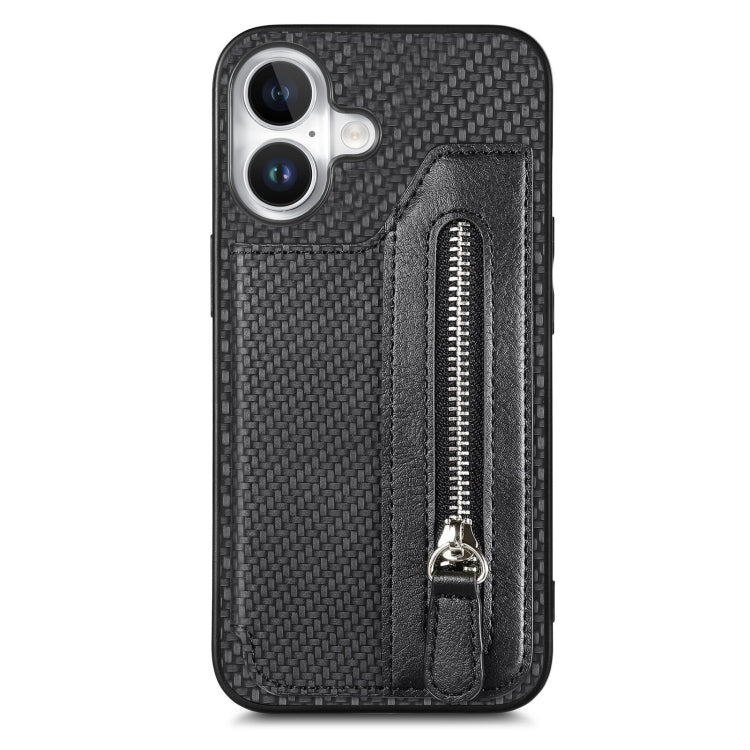 For iPhone 16 Plus Carbon Fiber Horizontal Flip Zipper Wallet Phone Case(Black) - iPhone 16 Plus Cases by buy2fix | Online Shopping UK | buy2fix