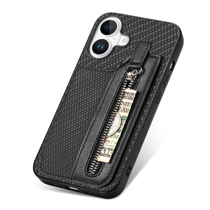 For iPhone 16 Plus Carbon Fiber Horizontal Flip Zipper Wallet Phone Case(Black) - iPhone 16 Plus Cases by buy2fix | Online Shopping UK | buy2fix