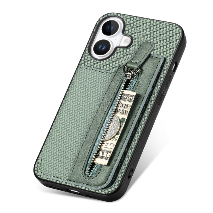 For iPhone 16 Plus Carbon Fiber Horizontal Flip Zipper Wallet Phone Case(Green) - iPhone 16 Plus Cases by buy2fix | Online Shopping UK | buy2fix