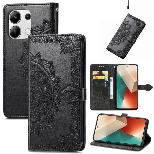For Xiaomi Redmi Note 13 4G Mandala Flower Embossed Leather Phone Case(Black) - Note 13 Cases by buy2fix | Online Shopping UK | buy2fix