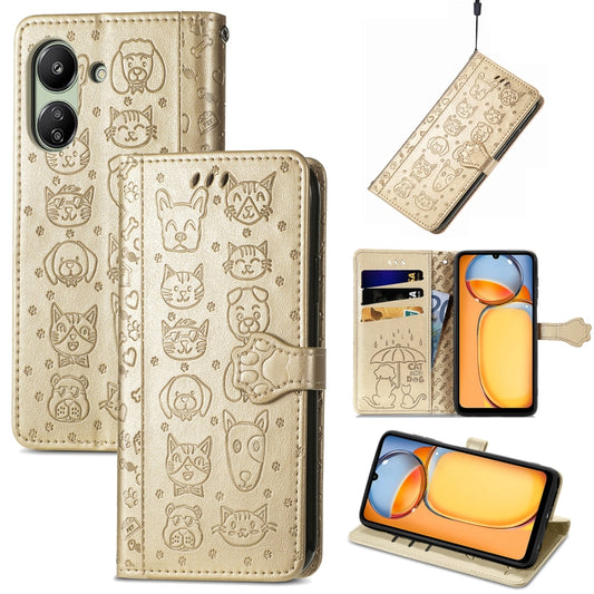 For Xiaomi Redmi 13C Cat and Dog Embossed Leather Phone Case(Gold) - 13C Cases by buy2fix | Online Shopping UK | buy2fix