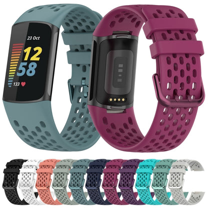 For Fitbit Charge 5 Solid Color Breathable Sports Silicone Watch Band(Black) - Watch Bands by buy2fix | Online Shopping UK | buy2fix