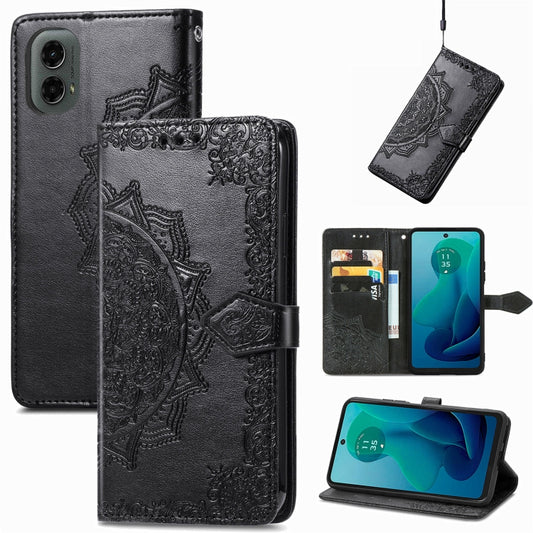 For Motorola Moto G 2024 Mandala Flower Embossed Leather Phone Case(Black) - Motorola Cases by buy2fix | Online Shopping UK | buy2fix