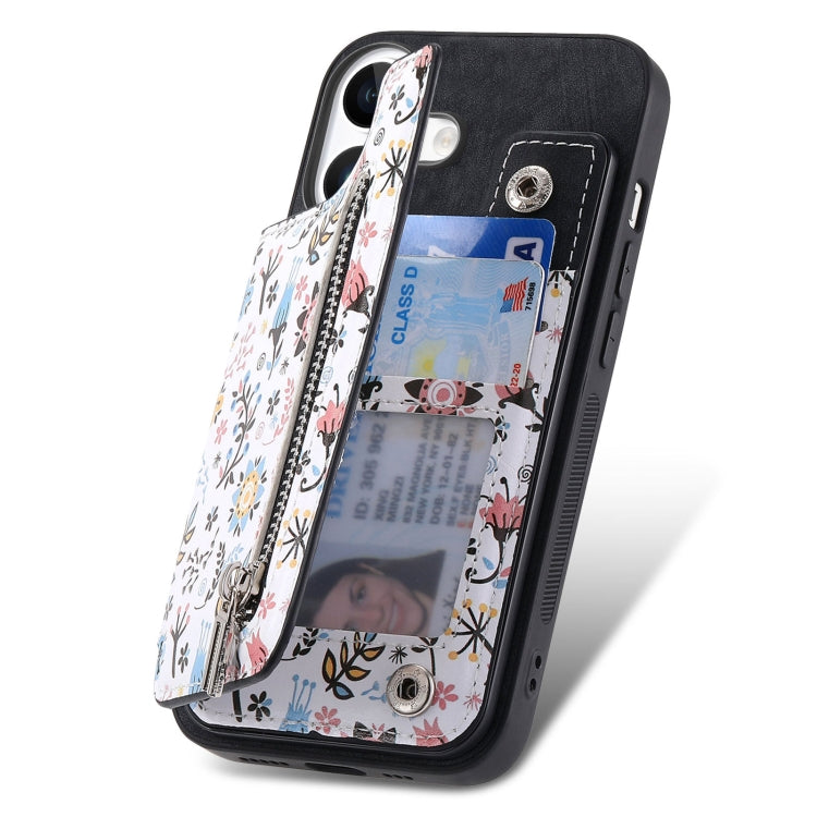 For iPhone 16 Retro Painted Zipper Wallet Back Phone Case(Black) - iPhone 16 Cases by buy2fix | Online Shopping UK | buy2fix