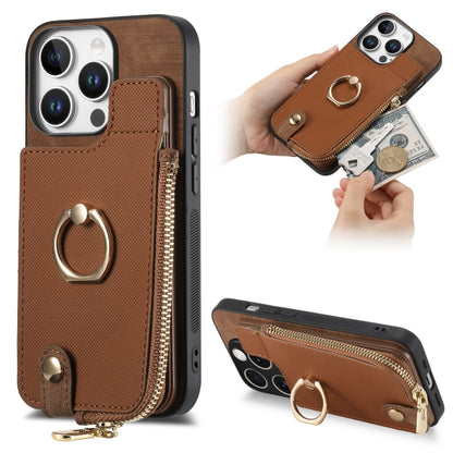 For iPhone 16 Pro Max Cross Leather Ring Vertical Zipper Wallet Back Phone Case(Brown) - More iPhone Cases by buy2fix | Online Shopping UK | buy2fix