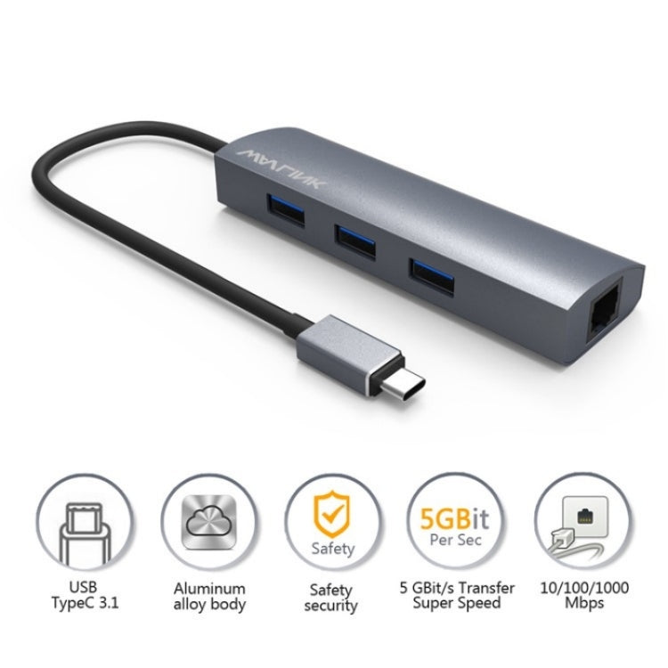 WAVLINK UH3031G/C Gigabit High Speed Hub Adapter Type-C to 3 x USB 3.0 + USB-C + RJ45 + DC Power Port - USB HUB by WAVLINK | Online Shopping UK | buy2fix