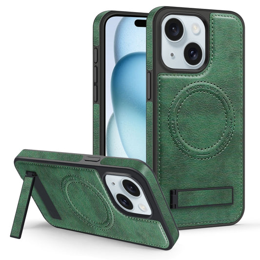 For iPhone 15 Plus Multi-function Holder MagSafe PU Phone Case(Dark Green) - iPhone 15 Plus Cases by buy2fix | Online Shopping UK | buy2fix