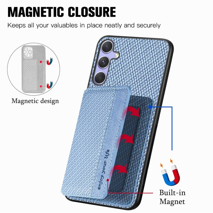 For Samsung Galaxy S25 5G Carbon Fiber Magnetic Card Wallet RFID Blocking Phone Case(Blue) - Galaxy S25 5G Cases by buy2fix | Online Shopping UK | buy2fix