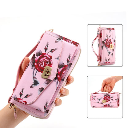 For iPhone 14 MagSafe Flower Multi-functional Crossbody Zipper Wallet Leather Phone Case(Pink) - iPhone 14 Cases by buy2fix | Online Shopping UK | buy2fix