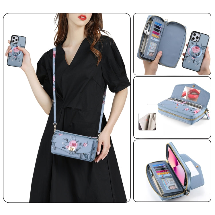 For iPhone 12 Pro MagSafe Flower Multi-functional Crossbody Zipper Wallet Leather Phone Case(Blue) - iPhone 12 / 12 Pro Cases by buy2fix | Online Shopping UK | buy2fix