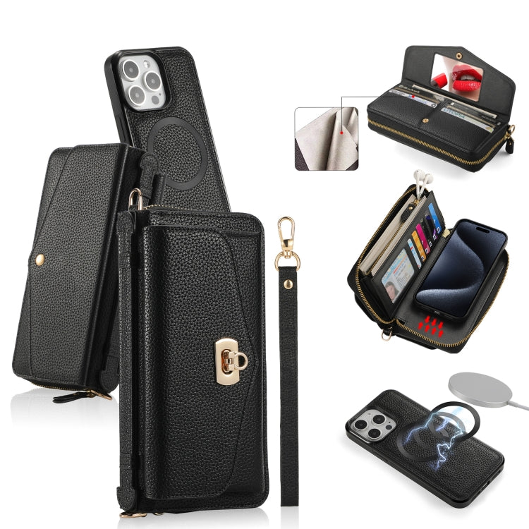 For iPhone 15 Pro MagSafe Crossbody Multi-functional Zipper Wallet Litchi Leather Phone Case(Black) - iPhone 15 Pro Cases by buy2fix | Online Shopping UK | buy2fix