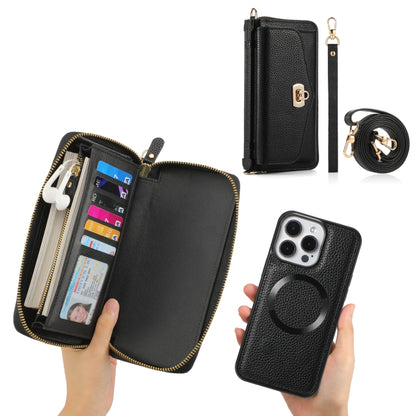 For iPhone 15 Pro MagSafe Crossbody Multi-functional Zipper Wallet Litchi Leather Phone Case(Black) - iPhone 15 Pro Cases by buy2fix | Online Shopping UK | buy2fix