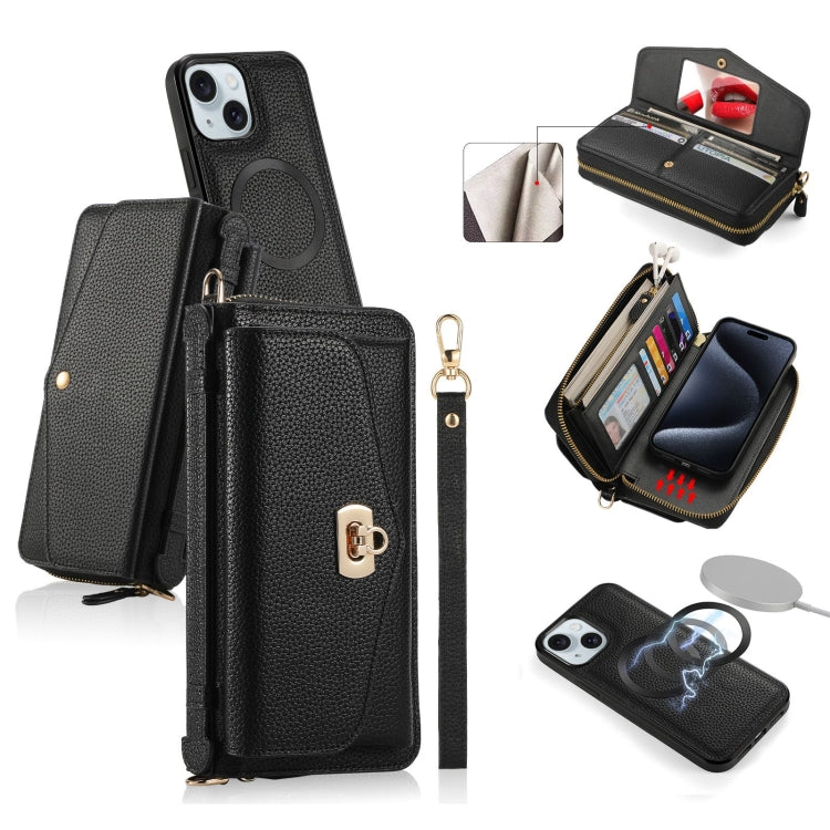 For iPhone 15 MagSafe Crossbody Multi-functional Zipper Wallet Litchi Leather Phone Case(Black) - iPhone 15 Cases by buy2fix | Online Shopping UK | buy2fix