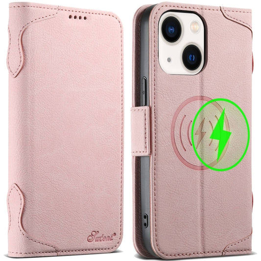 For iPhone 14 SUTENI J07 Multifunctional Horizontal Flip Magsafe Leather Phone Case(Pink) - iPhone 14 Cases by Suteni | Online Shopping UK | buy2fix