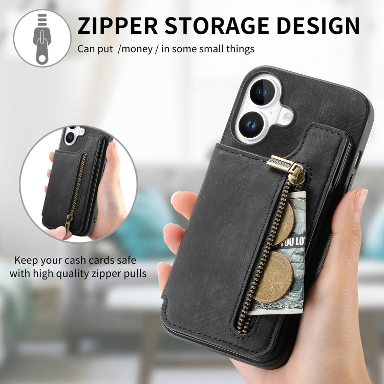 For iPhone 16 Retro Leather Zipper Wallet Back Phone Case(Black) - More iPhone Cases by buy2fix | Online Shopping UK | buy2fix