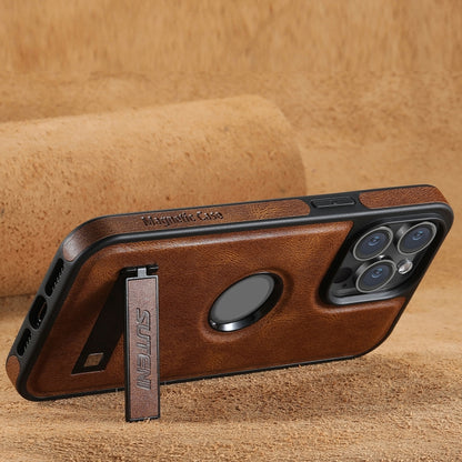 For iPhone 12 Pro Max Suteni G2 Magsafe Oil Wax Leather Back Phone Case with Holder(Brown) - iPhone 12 Pro Max Cases by Suteni | Online Shopping UK | buy2fix