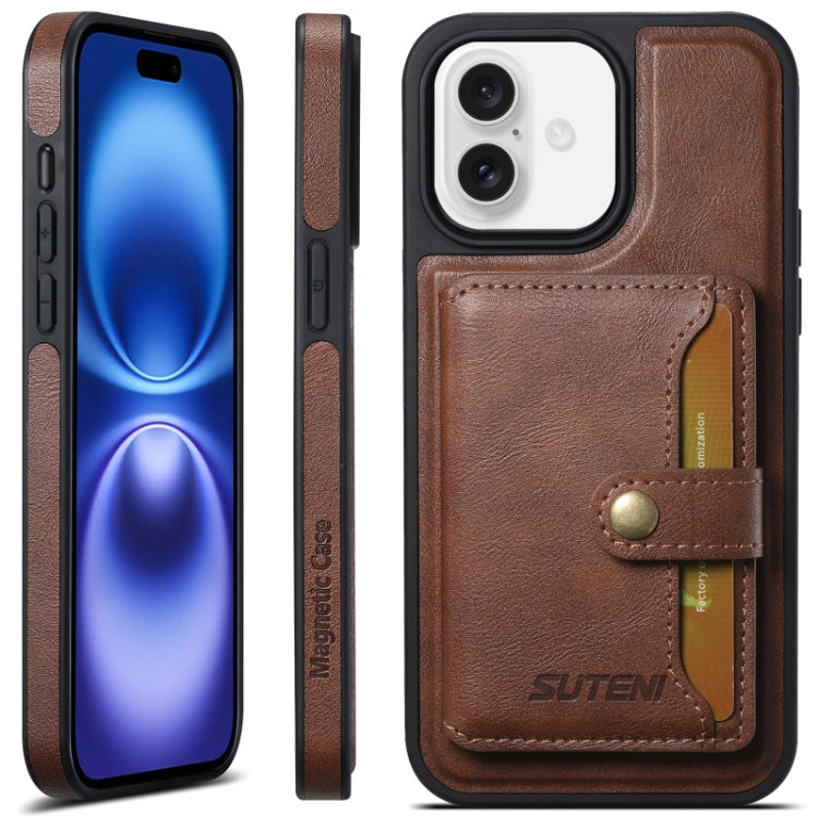 For iPhone 16 Plus Suteni M1 Oil Wax MagSafe Detachable Horizontal Card Bag Phone Case(Brown) - iPhone 16 Plus Cases by Suteni | Online Shopping UK | buy2fix