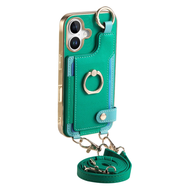 For iPhone 16 Plus Fashion Ring Card Bag Phone Case with Hang Loop(Green) - iPhone 16 Plus Cases by buy2fix | Online Shopping UK | buy2fix