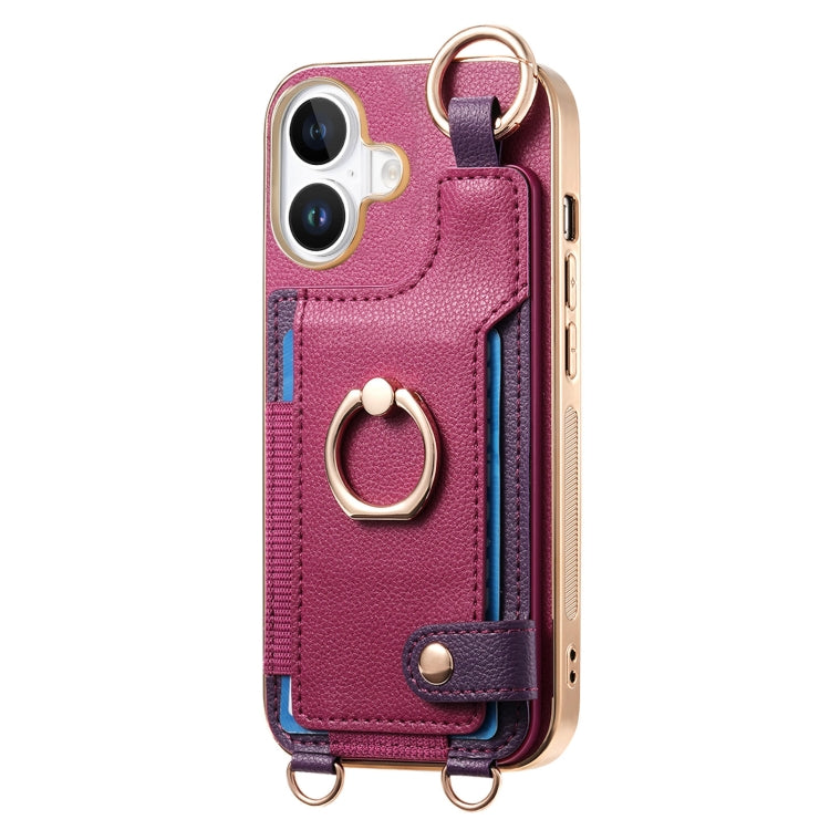 For iPhone 16 Plus Fashion Ring Card Bag Phone Case with Hang Loop(Purple) - iPhone 16 Plus Cases by buy2fix | Online Shopping UK | buy2fix