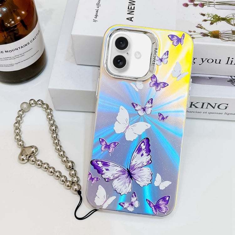 For iPhone 16 Plus Electroplating Laser Butterfly Phone Case with Wrist Strap(White Purple Butterflies AB6) - iPhone 16 Plus Cases by buy2fix | Online Shopping UK | buy2fix