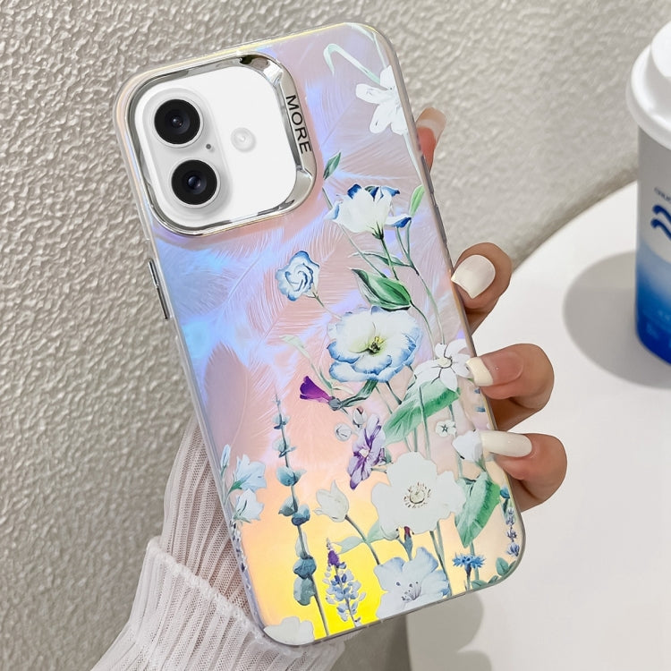 For iPhone 16 Plus Electroplating Laser Flower Texture TPU Phone Case(Blue Flower AH8) - iPhone 16 Plus Cases by buy2fix | Online Shopping UK | buy2fix