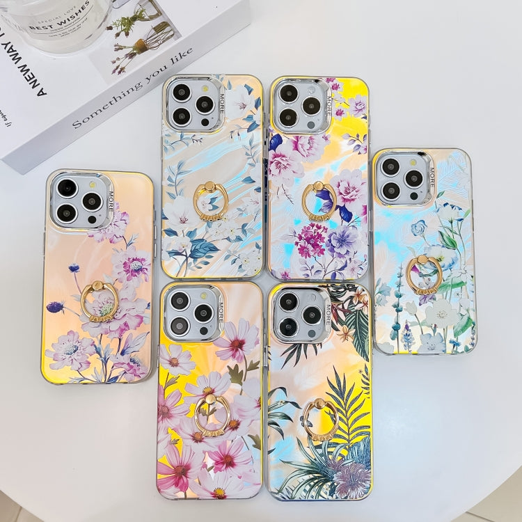 For iPhone 16 Electroplating Laser Flower Ring Holder TPU Phone Case(Pink Flower AH13) - iPhone 16 Cases by buy2fix | Online Shopping UK | buy2fix