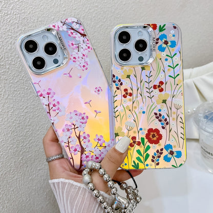 For iPhone 16 Plus Electroplating Laser Flower Phone Case with Wrist Strap(Lavender AH14) - iPhone 16 Plus Cases by buy2fix | Online Shopping UK | buy2fix