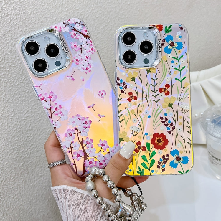 For iPhone 16 Plus Electroplating Laser Flower Phone Case with Wrist Strap(Peony AH11) - iPhone 16 Plus Cases by buy2fix | Online Shopping UK | buy2fix