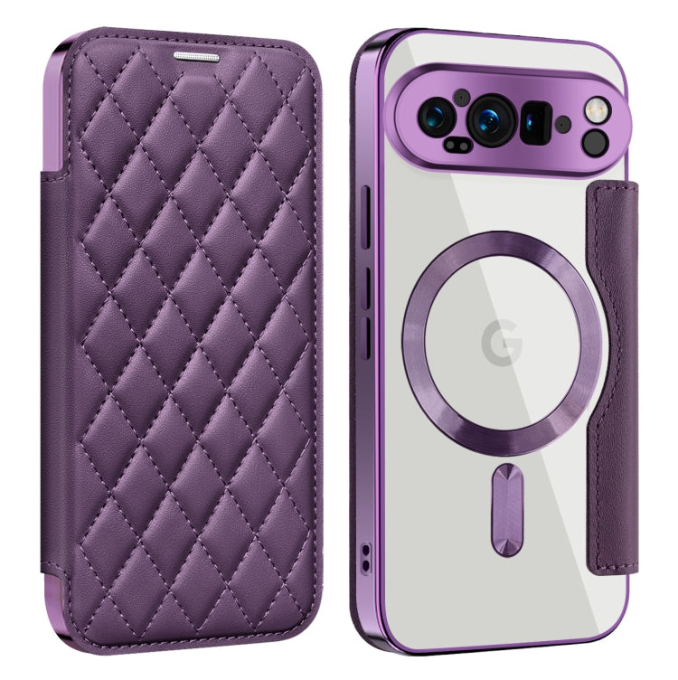 For Google Pixel 9 Pro Shield Magsafe RFID Anti-theft Rhombus Leather Phone Case(Purple) - Google Cases by buy2fix | Online Shopping UK | buy2fix