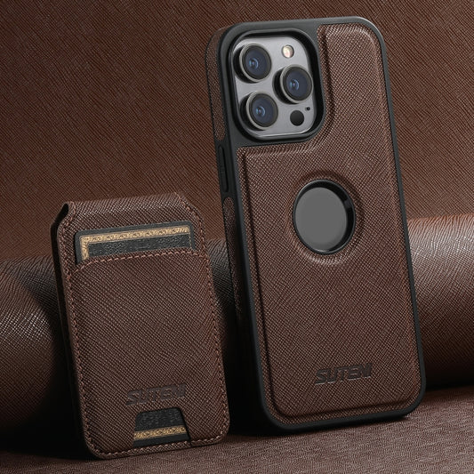 For iPhone 15 Pro Max Suteni M2 Cross-Grain MagSafe Vertical Card Back Phone Case(Brown) - iPhone 15 Pro Max Cases by Suteni | Online Shopping UK | buy2fix