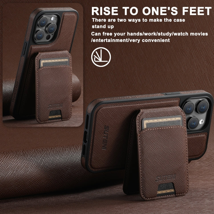 For iPhone 15 Pro Suteni M2 Cross-Grain MagSafe Vertical Card Back Phone Case(Brown) - iPhone 15 Pro Cases by Suteni | Online Shopping UK | buy2fix