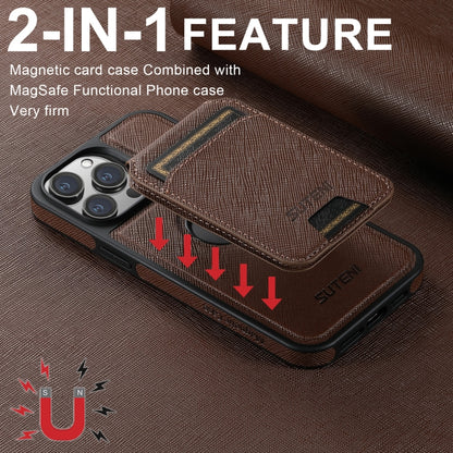 For iPhone 14 Plus Suteni M2 Cross-Grain MagSafe Vertical Card Back Phone Case(Brown) - iPhone 14 Plus Cases by Suteni | Online Shopping UK | buy2fix