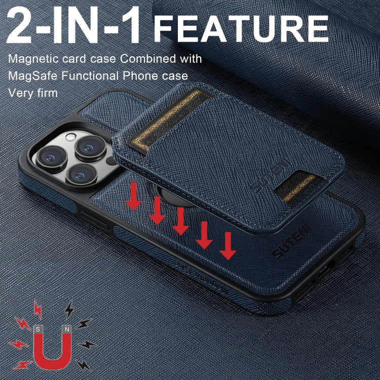 For iPhone 12 Suteni M2 Cross-Grain MagSafe Vertical Card Back Phone Case(Blue) - iPhone 12 / 12 Pro Cases by Suteni | Online Shopping UK | buy2fix